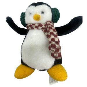 Christmas penguin plush ear muffs checker scarf black white 6" soft humor READ